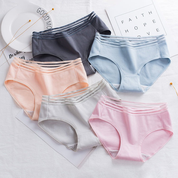 Stripe Waist Solid Color Women Full Panty Female Underwear Cotton Lingerie