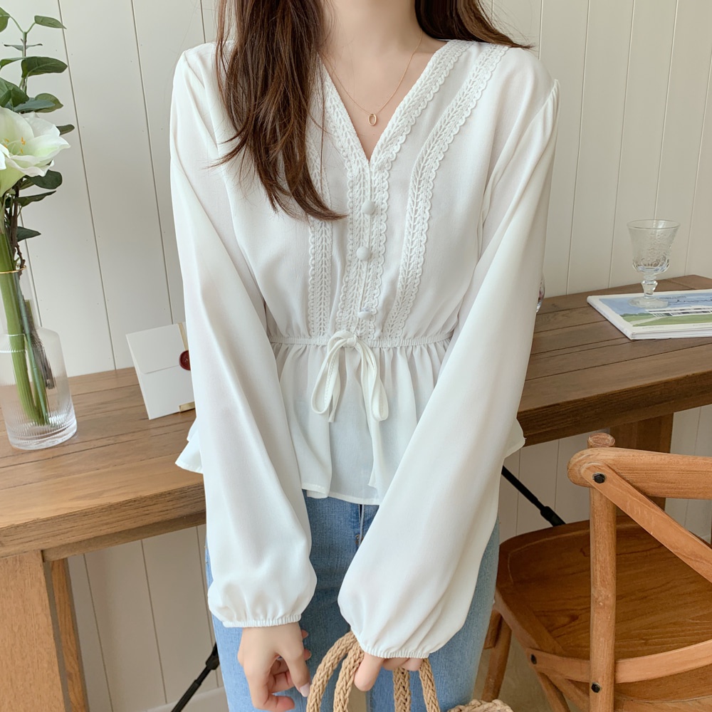 Áo Kiểu Nữ Tay Dài Cổ Chữ V Thời Trang Hàn Quốc