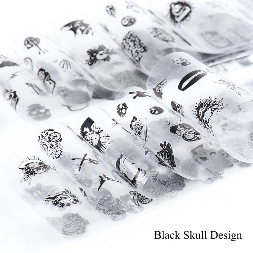 Set 10 Miếng Dán Trang Trí Móng Tay Họa Tiết Đầu Lâu Màu Đen Phong Cách Halloween
