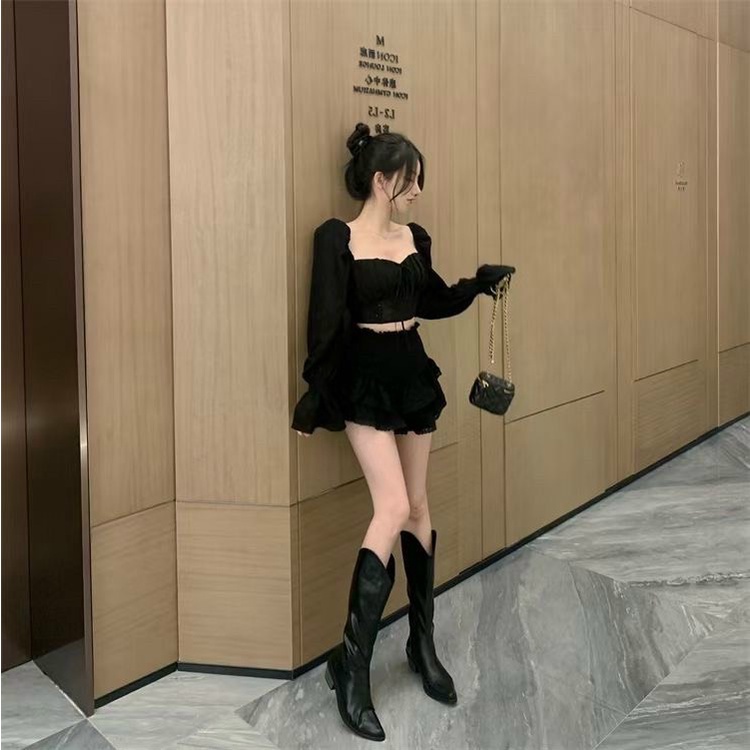 Áo croptop tay dài YUNA tay bồng  thân kiểu dáng corest có đệm mút siêu hách dáng, thời trang nữ YUNA_A004