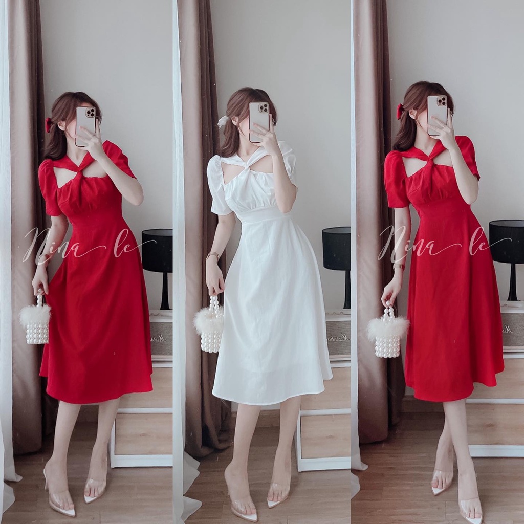 Đầm nữ midi cổ chéo dáng chữ A siêu xinh 2 màu sắc (Đỏ, Trắng) giúp nàng nổi bật đi chơi, dự tiệc