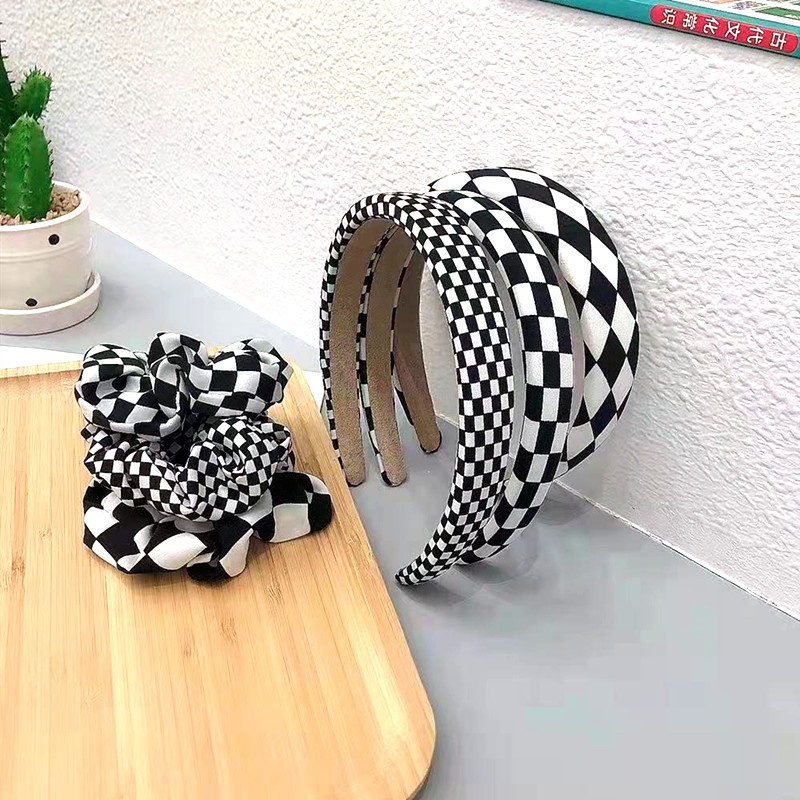 Dây Buộc Tóc Xốp Họa Tiết Caro Màu Trắng Đen Phong Cách Hàn Quốc Thời Trang Cho Nữ
