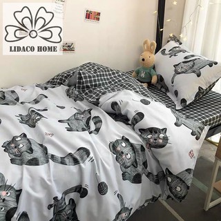 Bộ chăn ga gối cotton poly Lidaco decor phòng ngủ vintage - Mèo Xám (SP000994)
