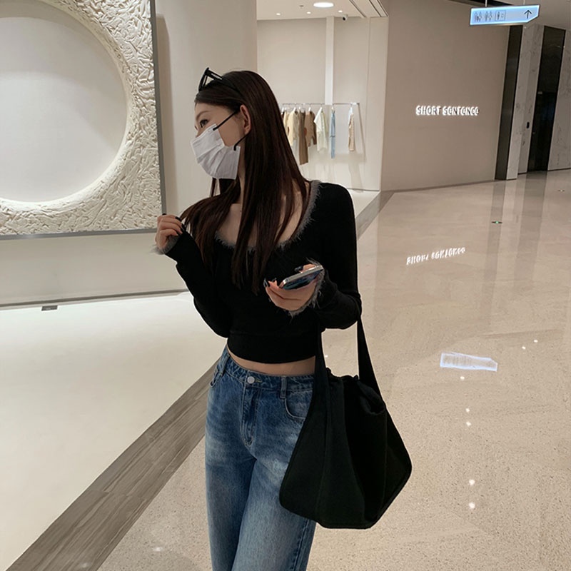 Áo Sweater Dệt Kim Tay Dài Cổ Vuông Thời Trang Cho Nữ