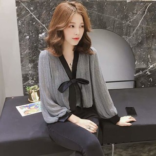 (ORDER) Áo sơ mi nữ cổ V phối viền thắt nơ tiểu thư công sở sang chảnh điệu đà Hàn Quốc ( HÀNG_MỚI )