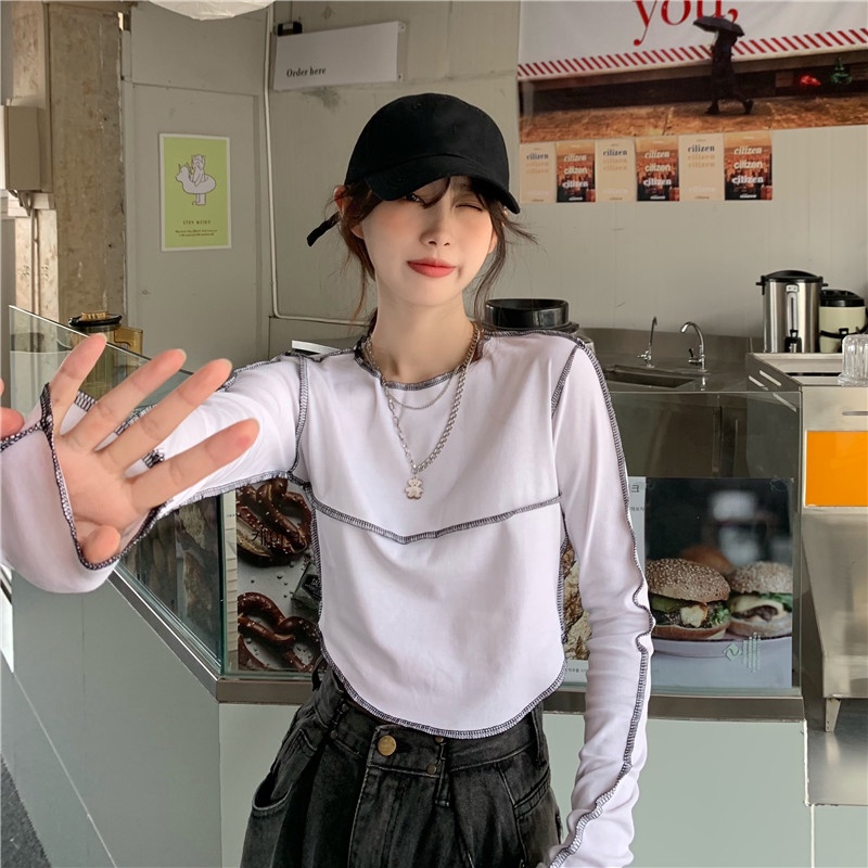 SUXI Áo Thun Tay Dài Màu Sắc Đơn Giản Phong Cách Vintage Dành Cho Nữ