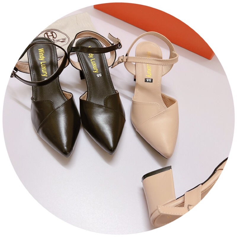 Giày sandal bít mũi công sở da lì mũi nhọn gót vuông 6p đơn giản