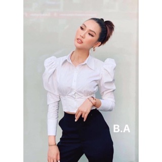Gv áo sơ mi croptop tay phồng chất lụa mịn