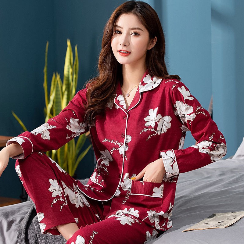 mới năm 2021 giá rẻ100% cao cấp pijama nữ tay dài mùa hè plus size Hàn Quốc phiên bản của các bà mẹ trung niê