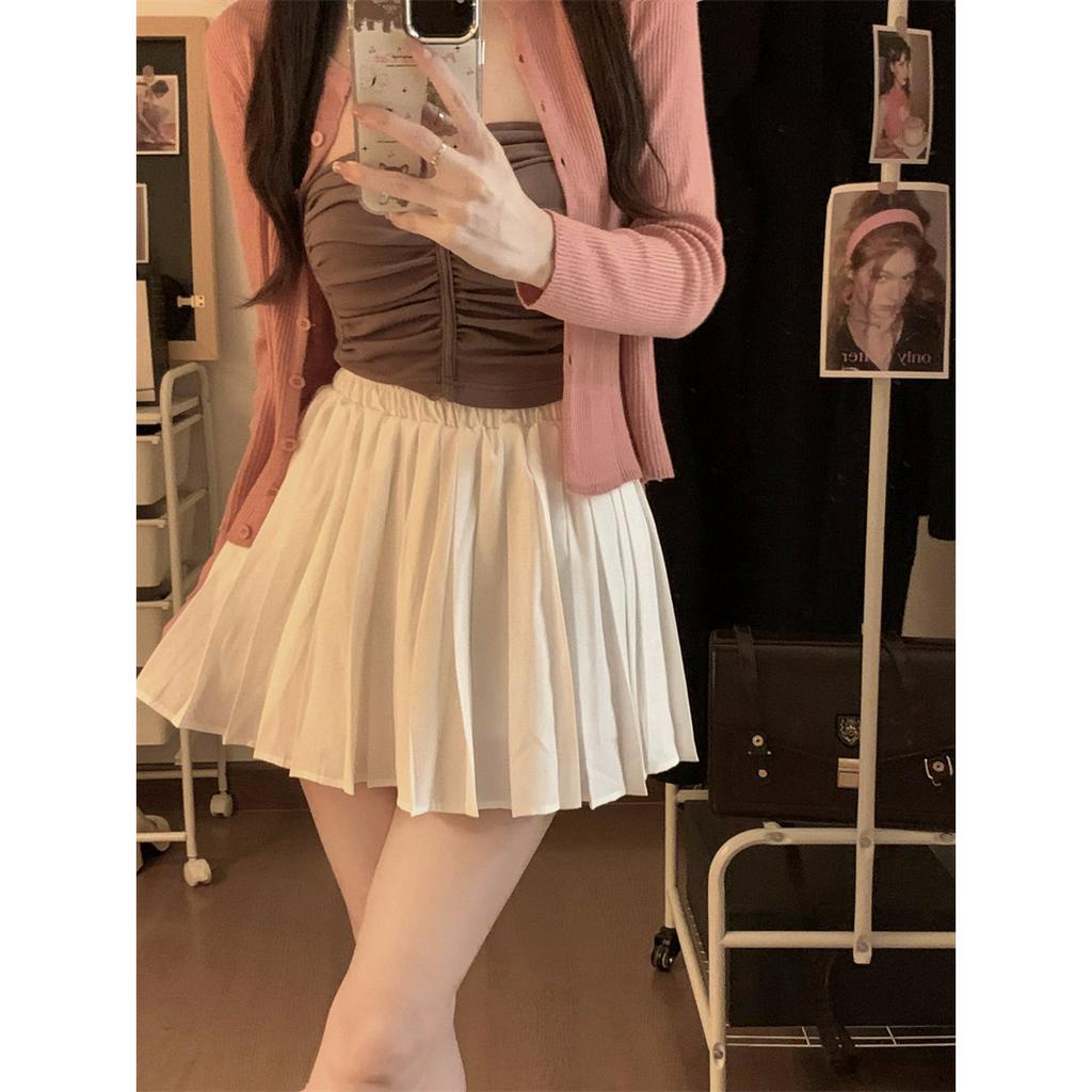 Xiaozhainv Chân Váy Chữ A Lưng Cao Xếp Ly Màu Sắc Đơn Giản Phong Cách Hàn Quốc Cho Nữ