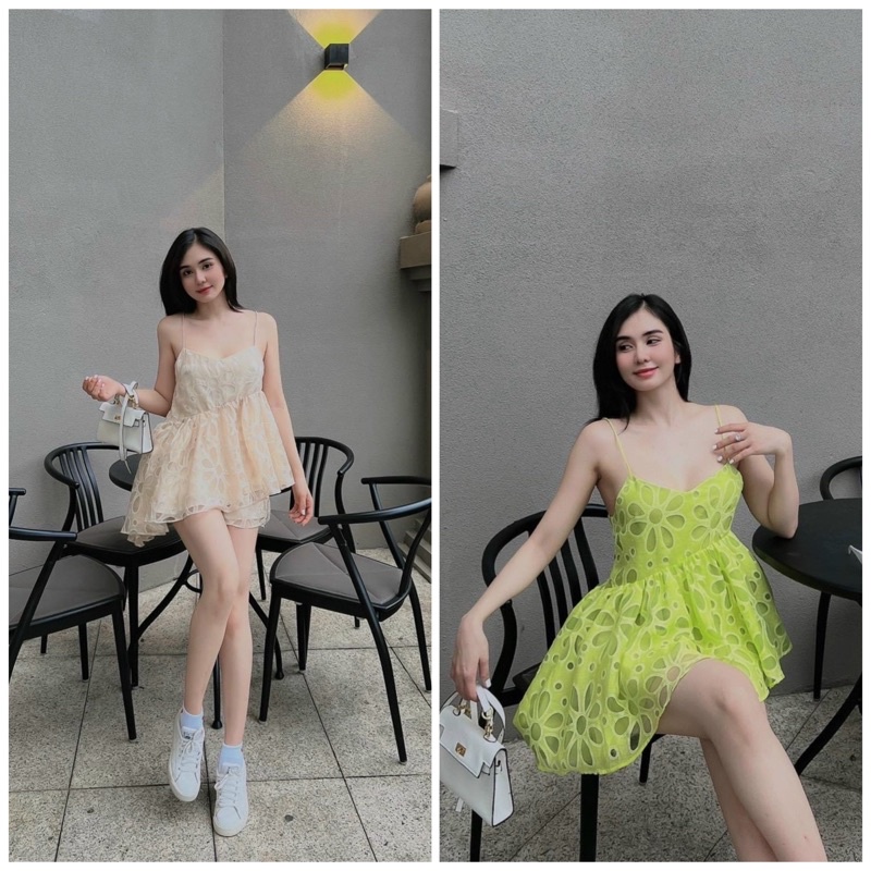 Set áo ren peplum 2 dây quần short xanh