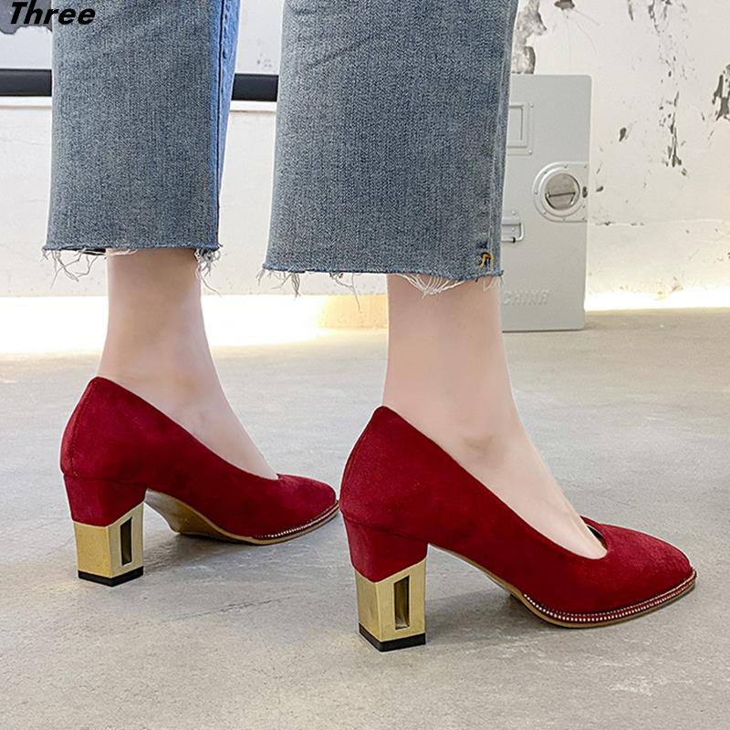 Women's shoes, high heels suede women's thick heel shallow mouth sweet temperament all-match bridesmaid shoes square toe shoes