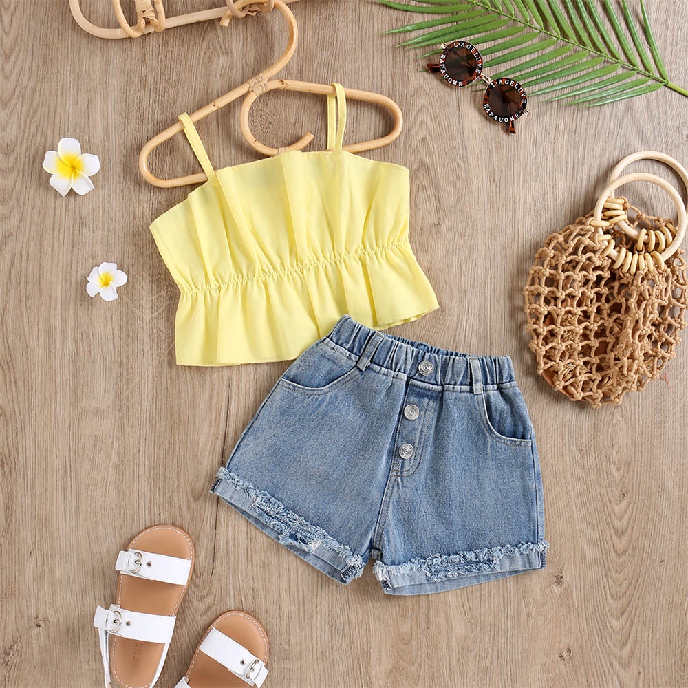 Trang phục Bear Leader gồm áo 2 dây và quần short denim 3D phong cách mùa hè cho bé gái 2-6 tuổi