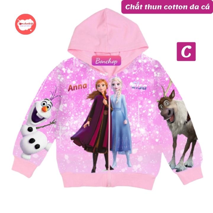 Áo khoác bé gái hình Elsa từ 09-43kg - Áo khoác bé gái -ELSA - Thun cotton da cá in 3D cực chất