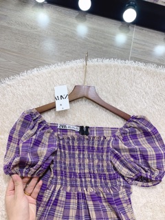 Váy cổ vuông kẻ tím đuôi cá tím