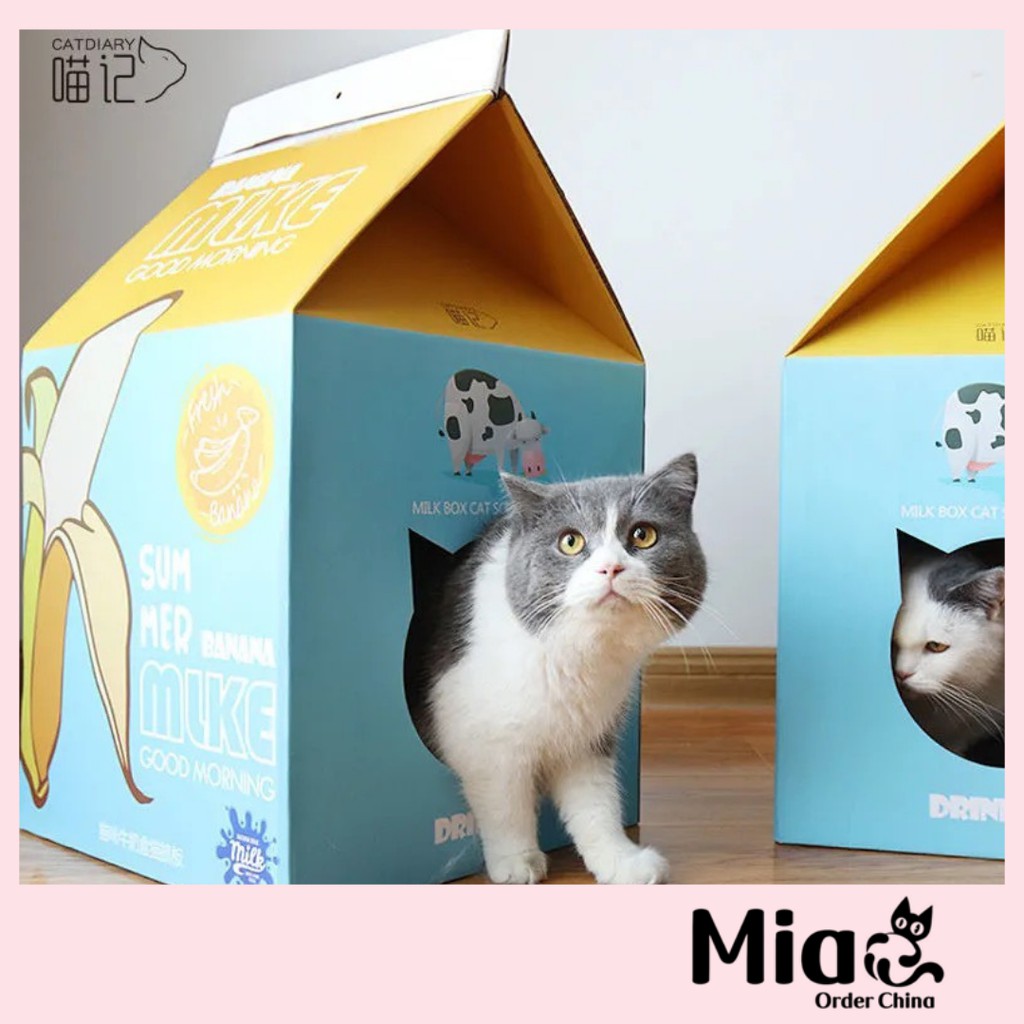 Nhà bìa kèm cào móng cho mèo hình hộp sữa size lớn - Tặng catnip