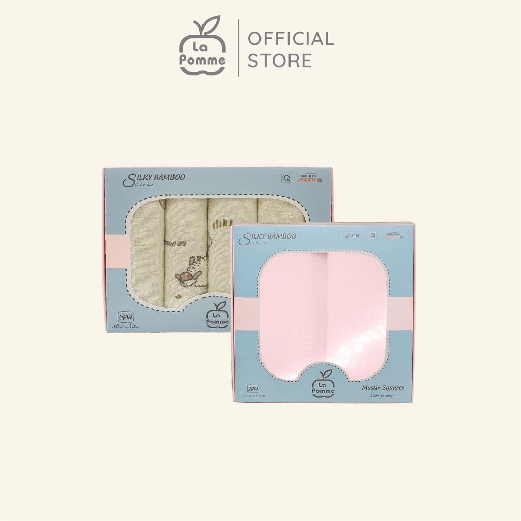 Combo 2 K001 Set 5 Khăn sữa (30x30cm) Nude Sheep + K002 Set 2 Khăn đa năng sợi tre lụa La Pomme (75x75cm) - Hồng Pastel