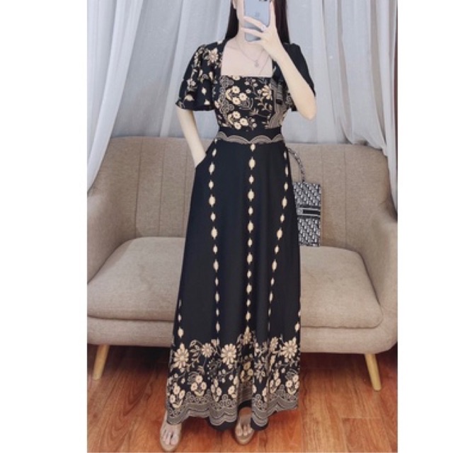 đầm cổ vuông tay 2 lớp