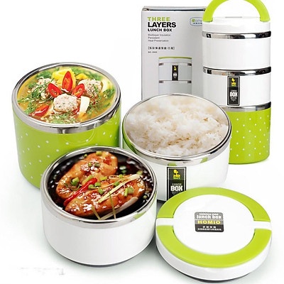 Hộp đựng cơm giữ nhiệt 3 ngăn inox, Cà mên 3 ngăn-Camen giu nhiet 3 ngan-CHẤM BI 3 TẦNG