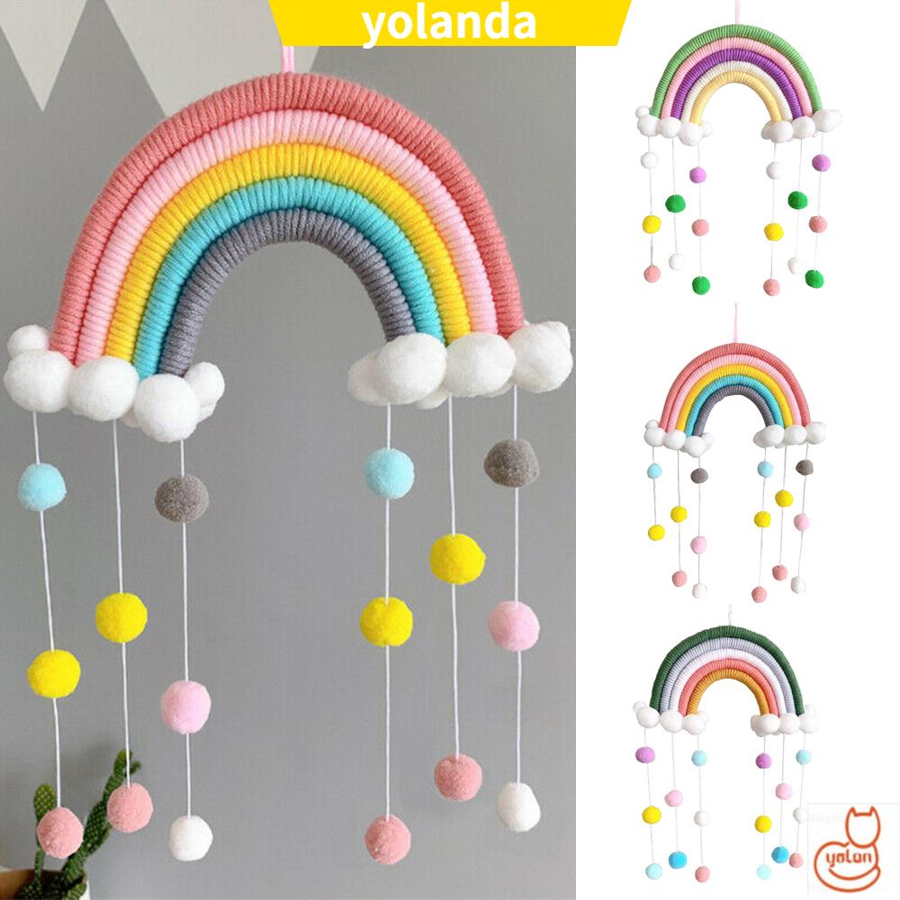 Phụ kiện treo sợi dệt bằng tay hình cầu vồng với quả cầu bông màu sắc dành cho trang trí