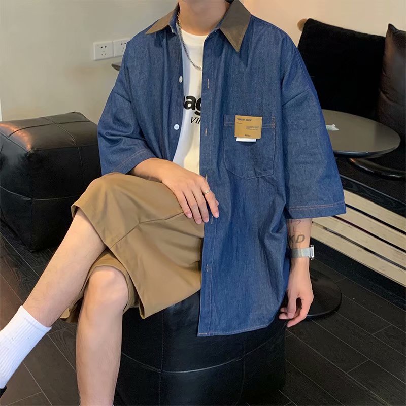 Áo sơ mi Denim tay ngắn dáng rộng phong cách Vintage thời trang cho nam | BigBuy360 - bigbuy360.vn
