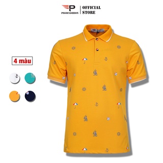Áo thun nam cổ bẻ họa tiết con thuyền phối bo Pigofashion AHT27 màu vàng, chọn nhiều màu.