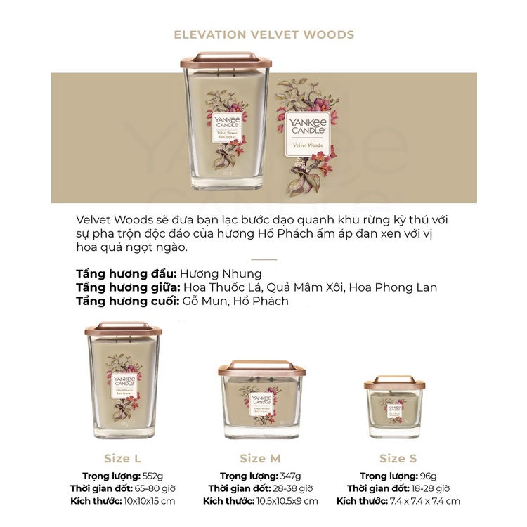 Nến ly vuông Elevation Yankee Candle size S - Velvet Woods (96g)