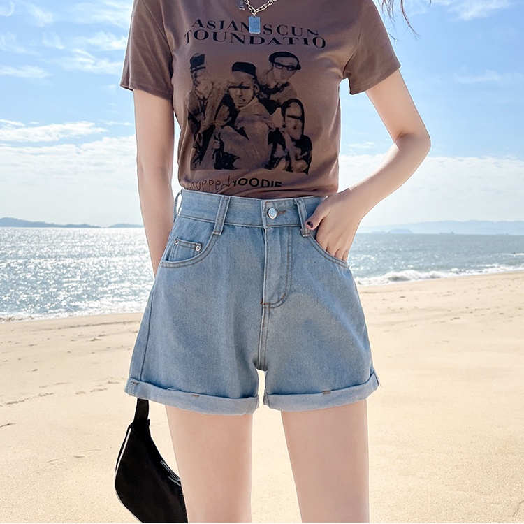 Quần Short Denim Plus Size Lưng Cao Màu Trơn Phong Cách Hàn Quốc
