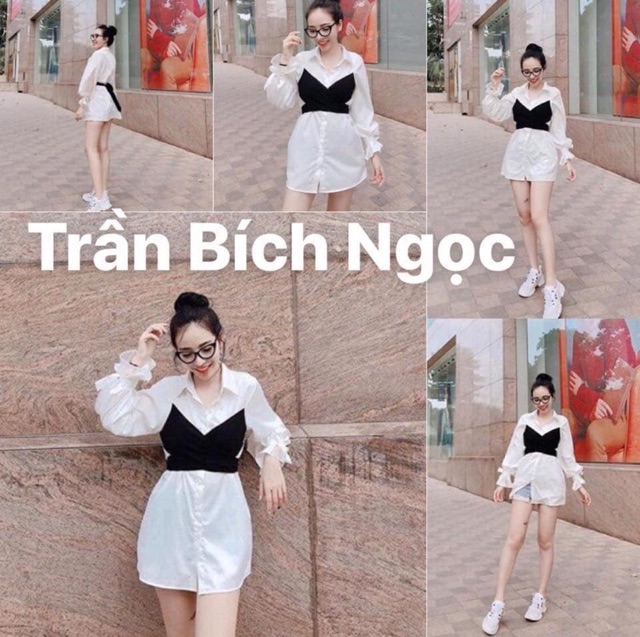 ÁO GIẤU QUẦN DOUBLE SHIRT DÁNG DÀI - ÁO SƠMI LIỀN TAY ĐẮP CHÉO CỘT NƠ ĐEN PHÍA SAU -ĐẦM ulzzang | BigBuy360 - bigbuy360.vn