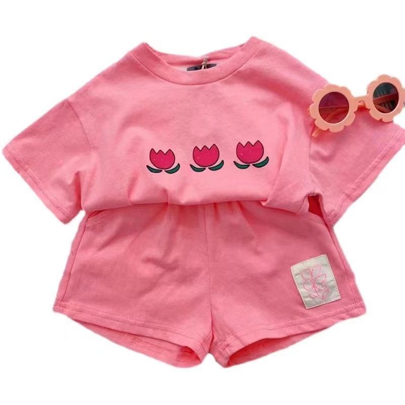 Set Áo Thun Tay Ngắn In Hoa + Quần Short Thời Trang Hè Hàn Quốc Mới 2023 Cho Bé Gái