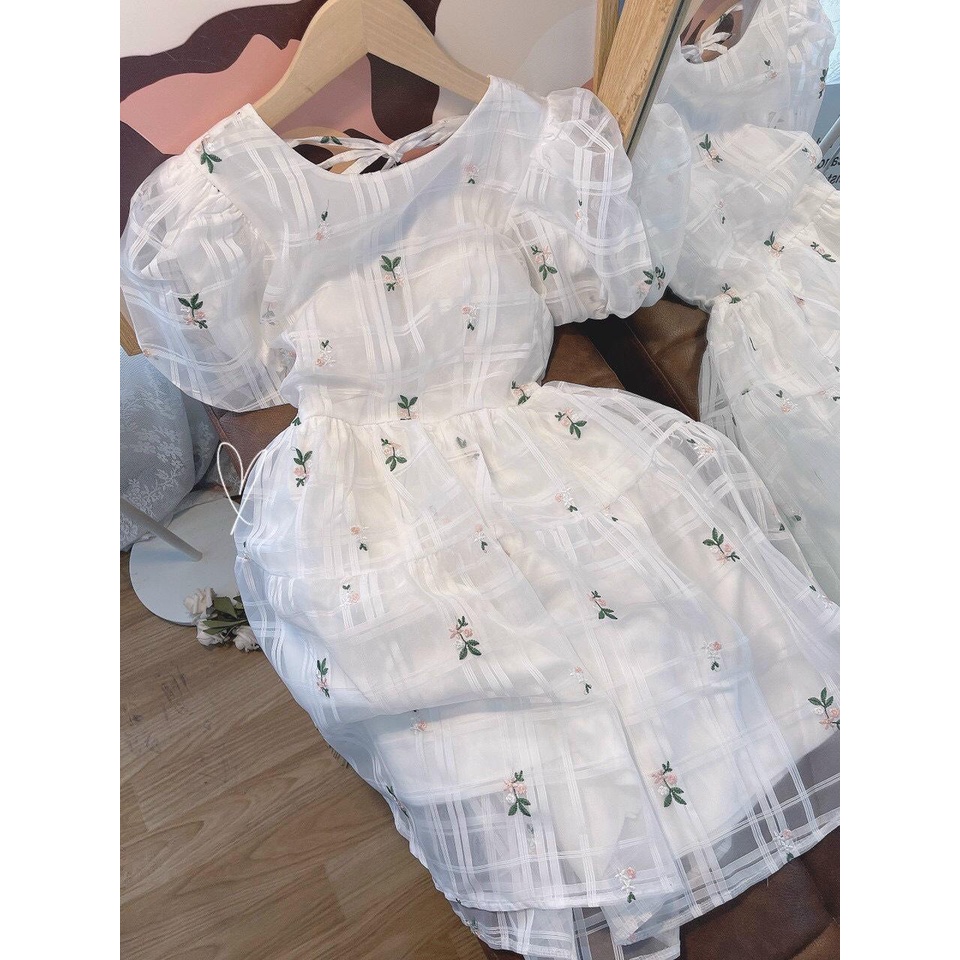 Đầm babydoll hoa ô vuông trắng cột dây lưng💖 KÈM ẢNH THẬT