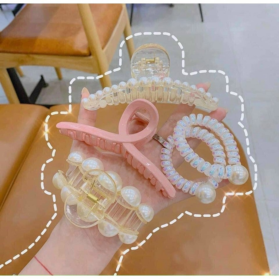 Set 5 phụ kiện tóc Hàn Quốc - Túi 5 món mix dây cột tóc + kẹp càng cua giả ngọc trai tiểu thư sang chảnh 100147
