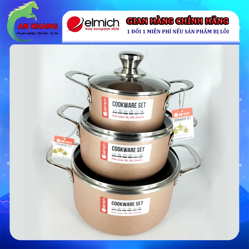 Bộ Nồi Chống Dính Vân Đá Đáy Từ Elmich EL5104MN/EL5103MN Size 16,20,24cm   - Hàng Chính Hãng