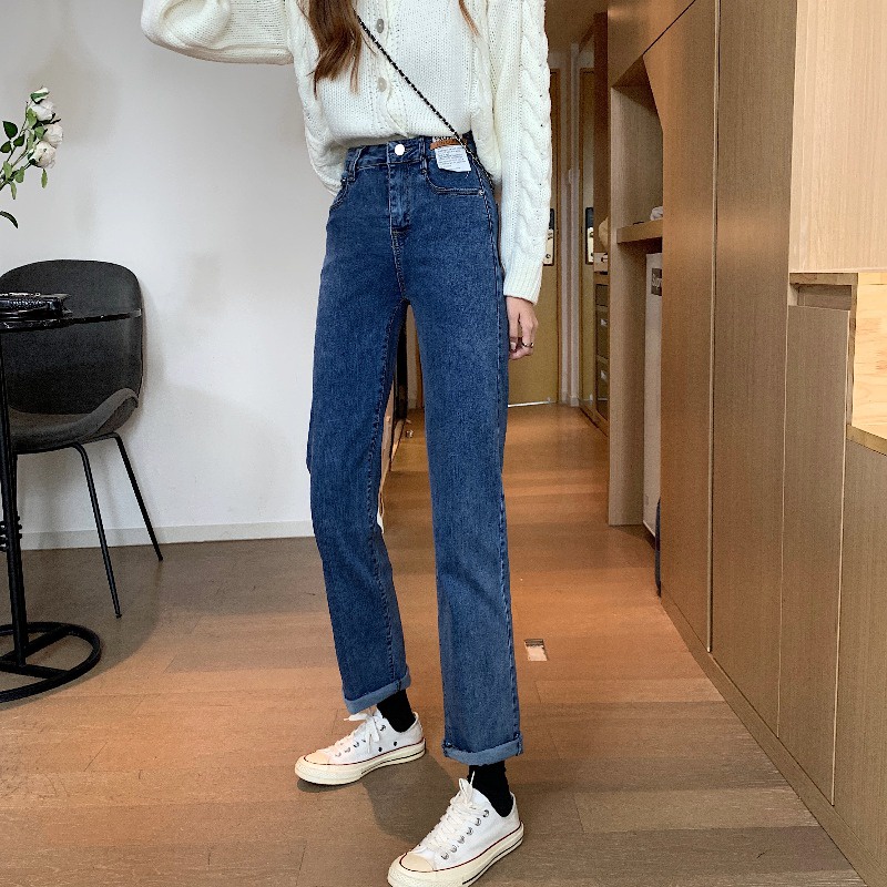 Quần Jeans Lưng Cao Ống Đứng Màu Xanh Dương Phong Cách Hàn Quốc Thời Trang Mùa Thu Cho Nữ 2021