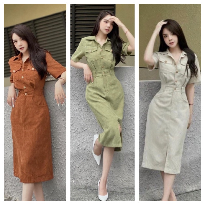Đầm nữ, Váy nhung tăm dáng dài xẻ tà váy sơmi suông