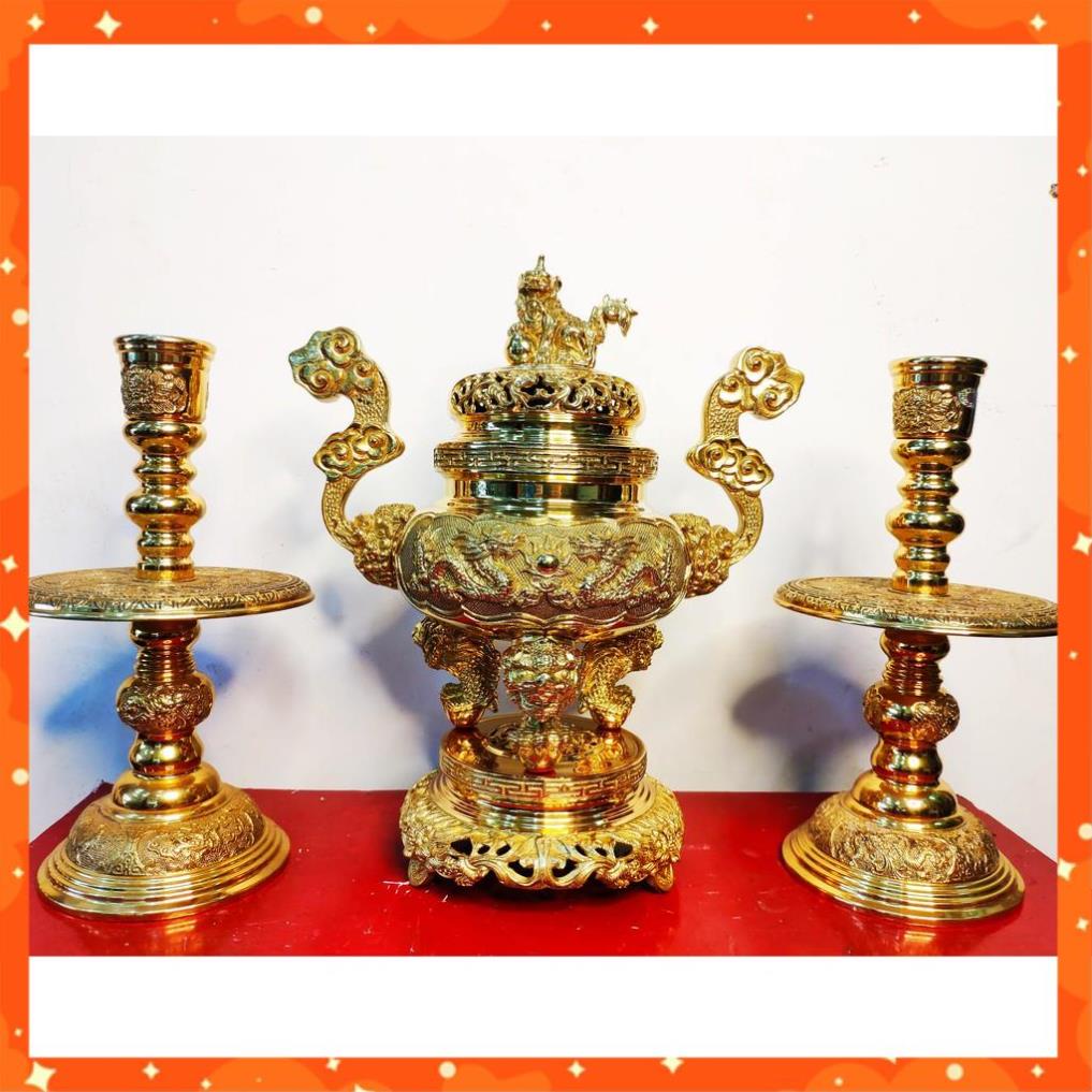 Bộ đỉnh lư thờ bằng đồng vàng cao cấp Cao 35cm. Tam sự - ngũ sự - đỉnh đồng - đỉnh thờ 35cm
