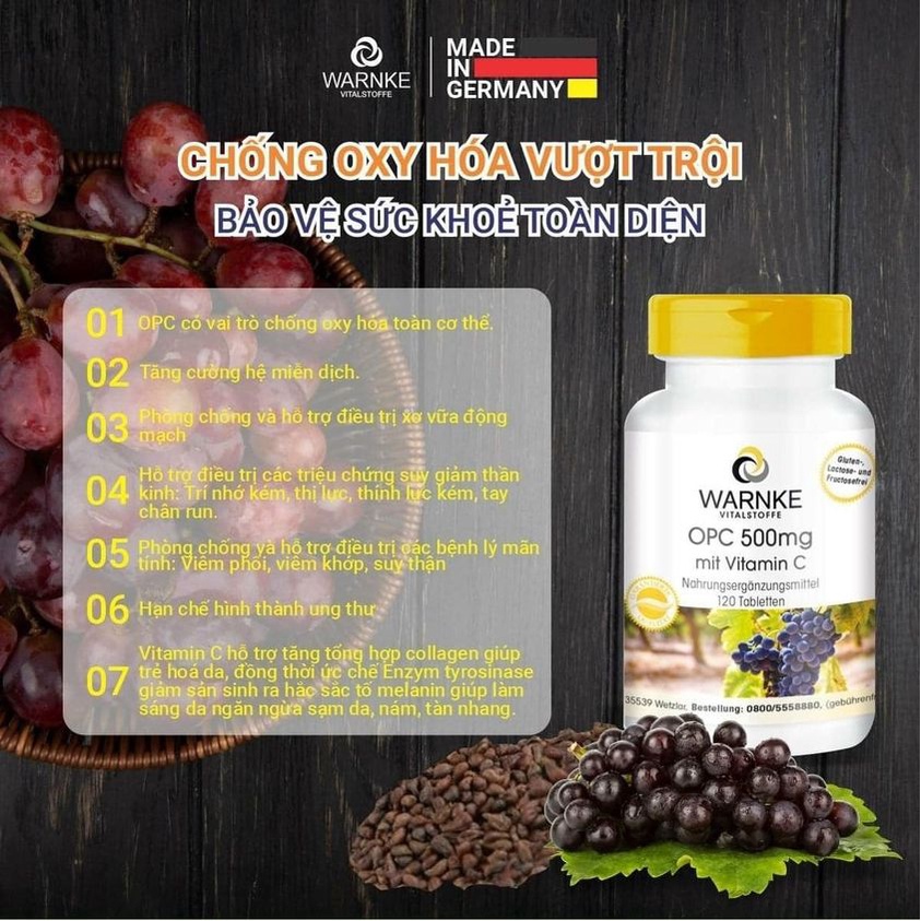 [Hỏa Tốc HCM] Viên Uống Warnke OPC 500mg mit Vtiamin C Chống Oxy Hóa, trẻ hóa da 120viên - Hàng Đức Chính Hãng
