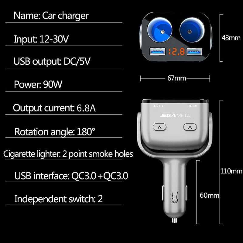 BLALION Tẩu Sạc Xe Hơi Hai Cổng USB QC3.0 180°Tẩu Sạc Xe Hơi Cổng Usb 90W Có Đèn LED Hiển Thị Điện Áp