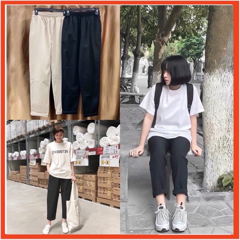 Quần Kaki Nam Nữ Ống Rộng Basic Unisex, Quần Baggy học sinh cute Màu Đen Be
