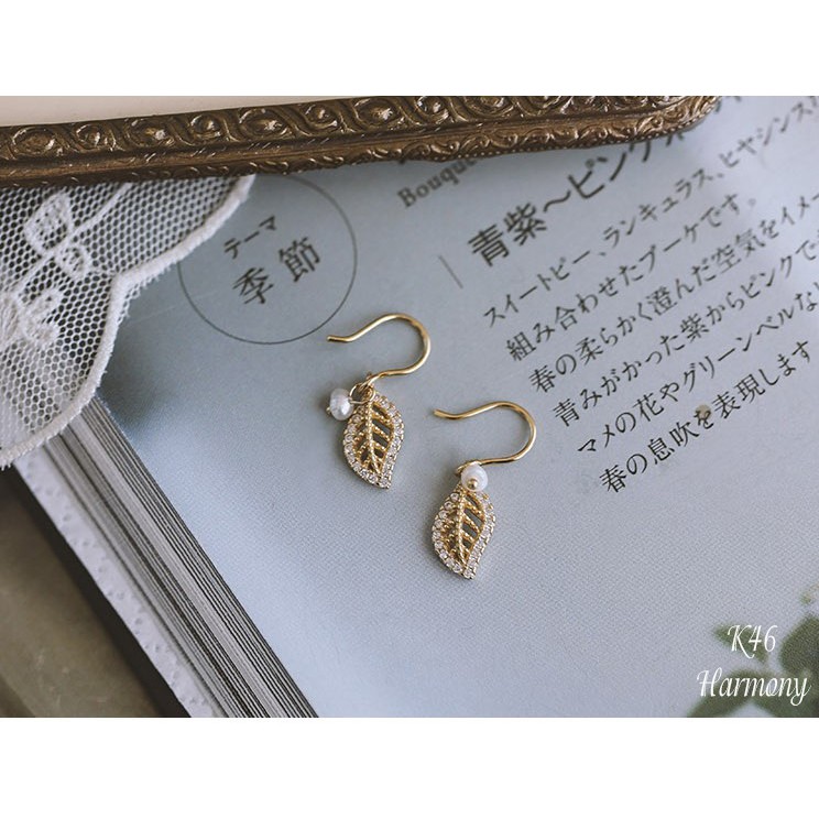 Khuyên tai, bông tai bạc mạ vàng mặt lá đính hạt trai nhân tạo cực xinh, sang chảnh, nữ tính K46 | TRANG SỨC BẠC HARMONY