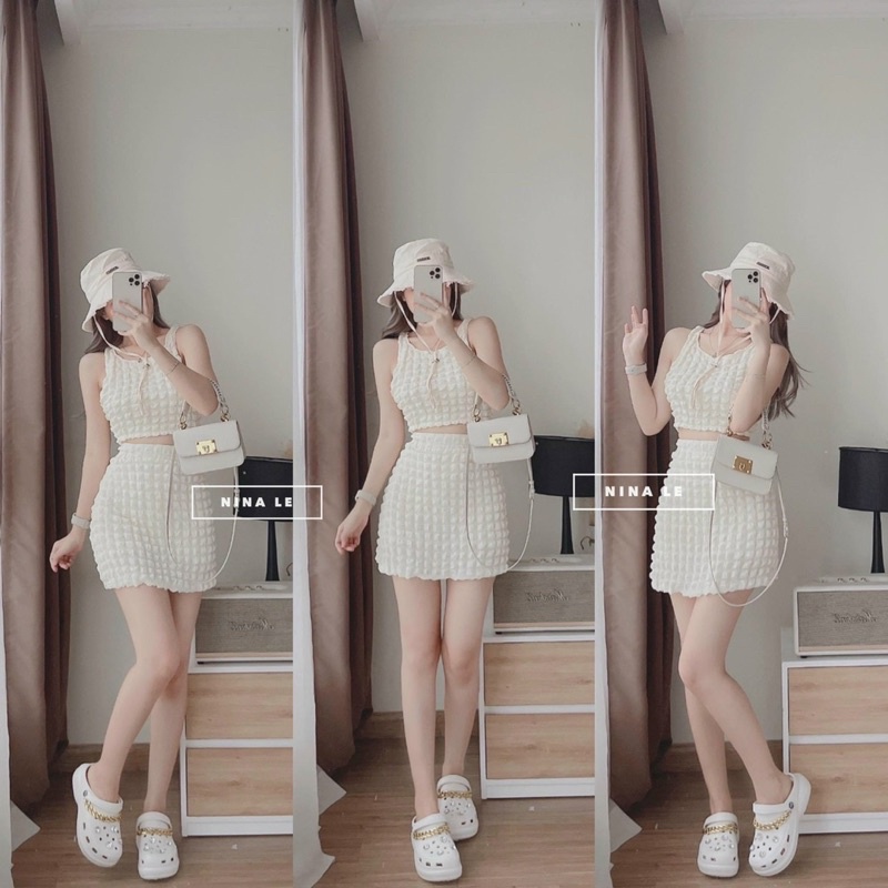 Set bộ thun ô vuông váy có quần bên trong