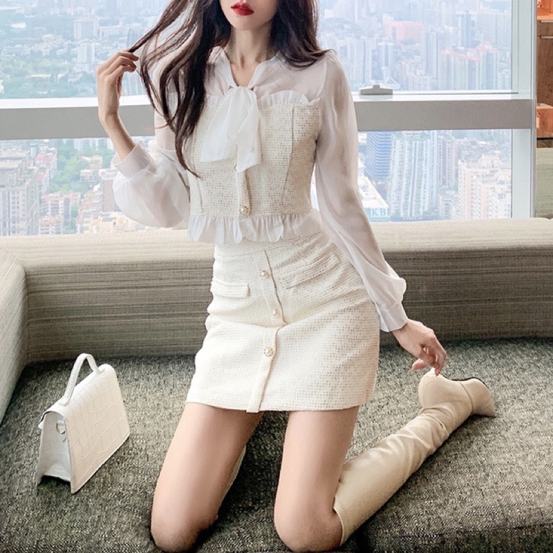 Sét 2 chi tiết dạ Tweed phối tay voan sẵn sz S