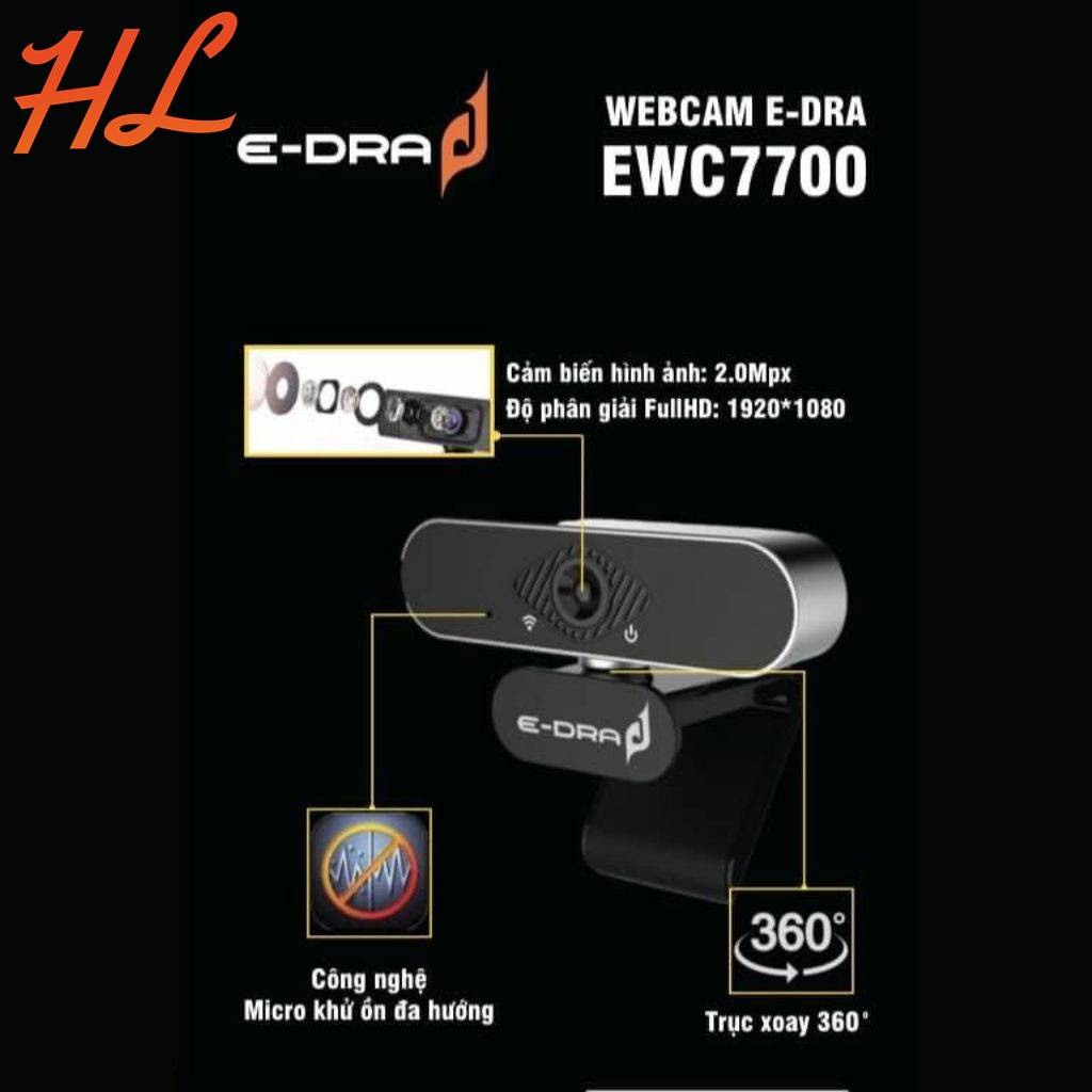 Webcam E-Dra EWC7700 Chuẩn 1080P, Góc nhìn 90 độ - Hàng chính hãng - Hưng Long PC