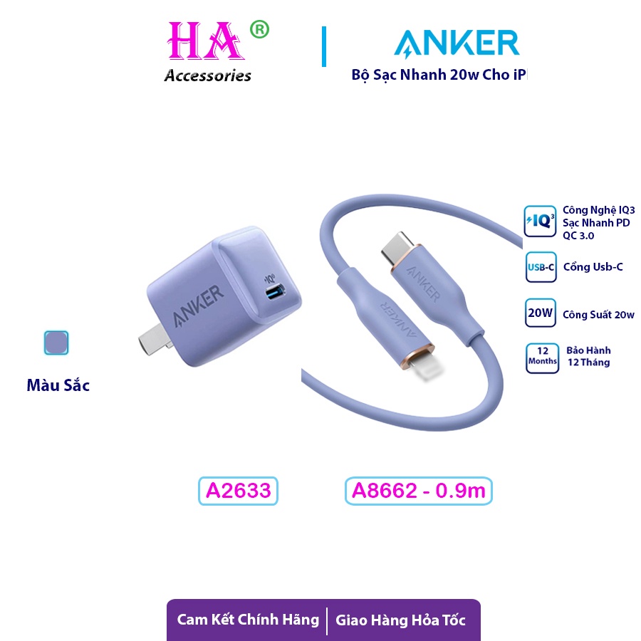 Combo Sạc Nhanh Anker Nano 20W A2633 Hỗ Trợ Sạc Nhanh PD Cho iP