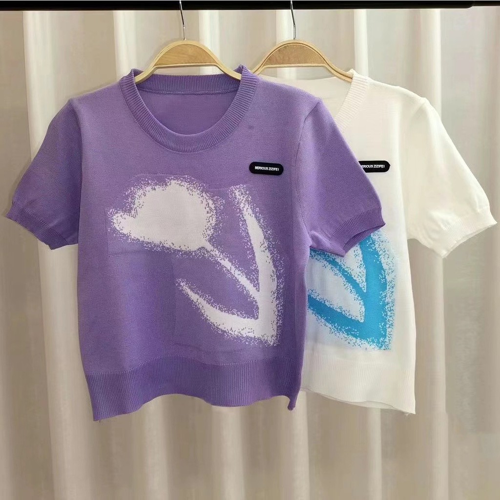 Áo croptop XIAOZHAINV dệt kim tay ngắn hoạ tiết hoa nữ tính thời trang