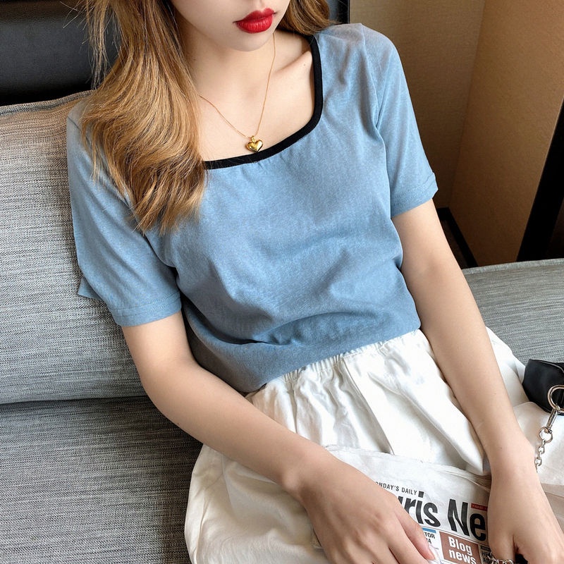 Áo thun BH ngắn tay cổ vuông màu trơn phong cách Hàn Quốc hợp thời trang cho nữ