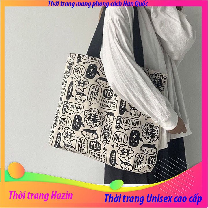 Túi tote Vải canvas họa tiết nhiều hình thù Cực Hot có khóa miệng đựng vừa a4 tặng quà xinh đin học đi chơi