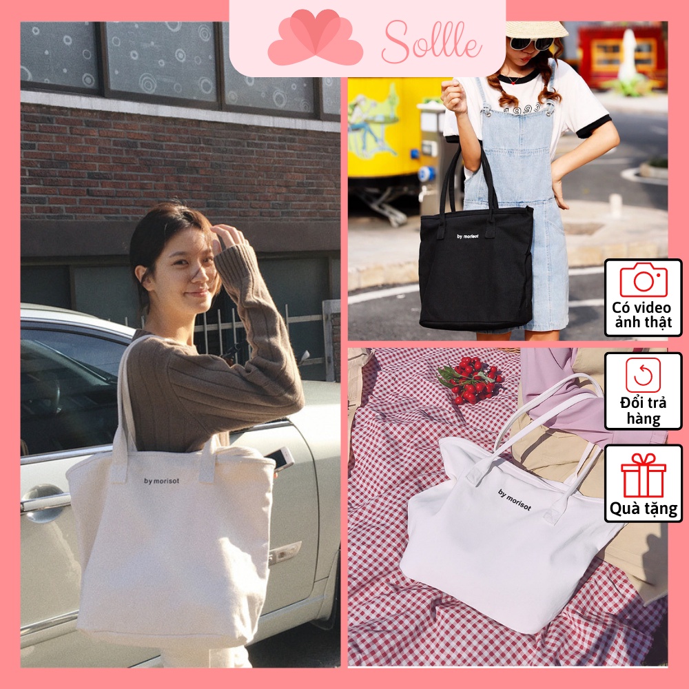 Túi tote đeo vai vải canvas ulzzang có khóa kéo, ngăn phụ in chữ BM Hàn Quốc Sollle