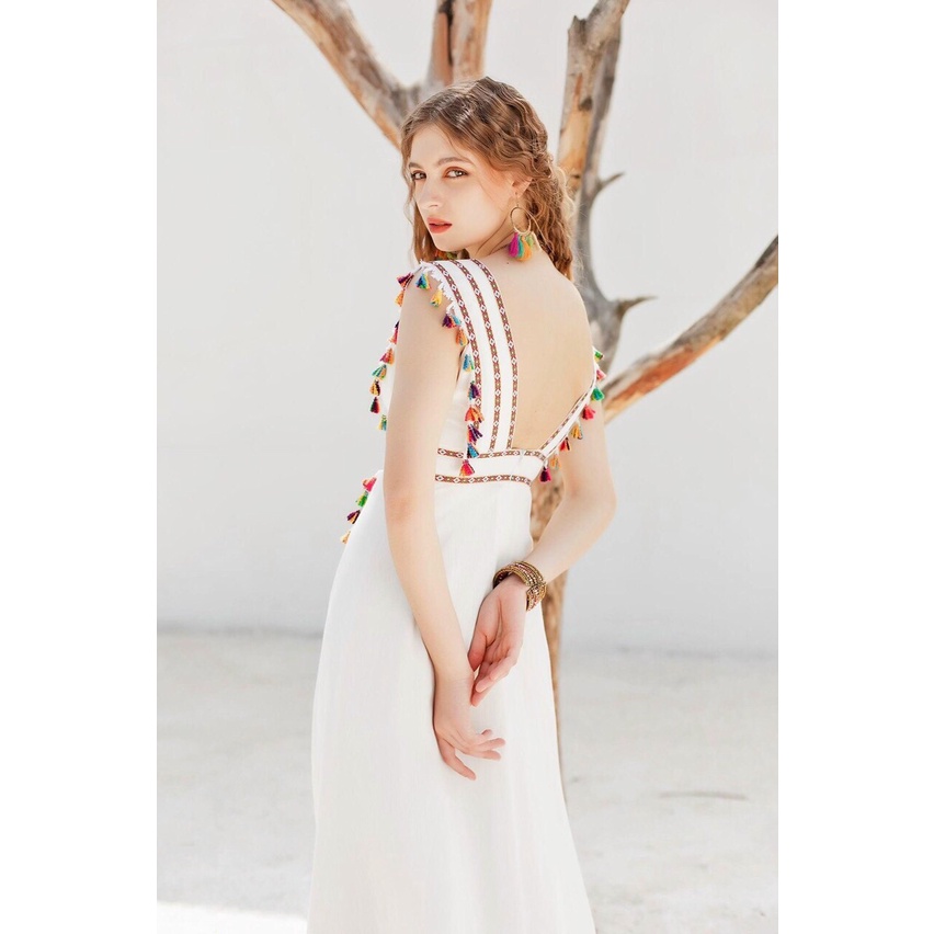 Váy đầm maxi đi biển thổ cẩm boho xẻ tà phối viền ren sắc xảo đi tiệc du lịch sống ảo siêu xinh XUKA-DRESS DT016