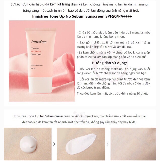 Kem Chống Nắng Nâng Tone&amp; Kiềm Dầu Innisfree Tone Up No Sebum Sunscreen SPF 50+ PA ++++